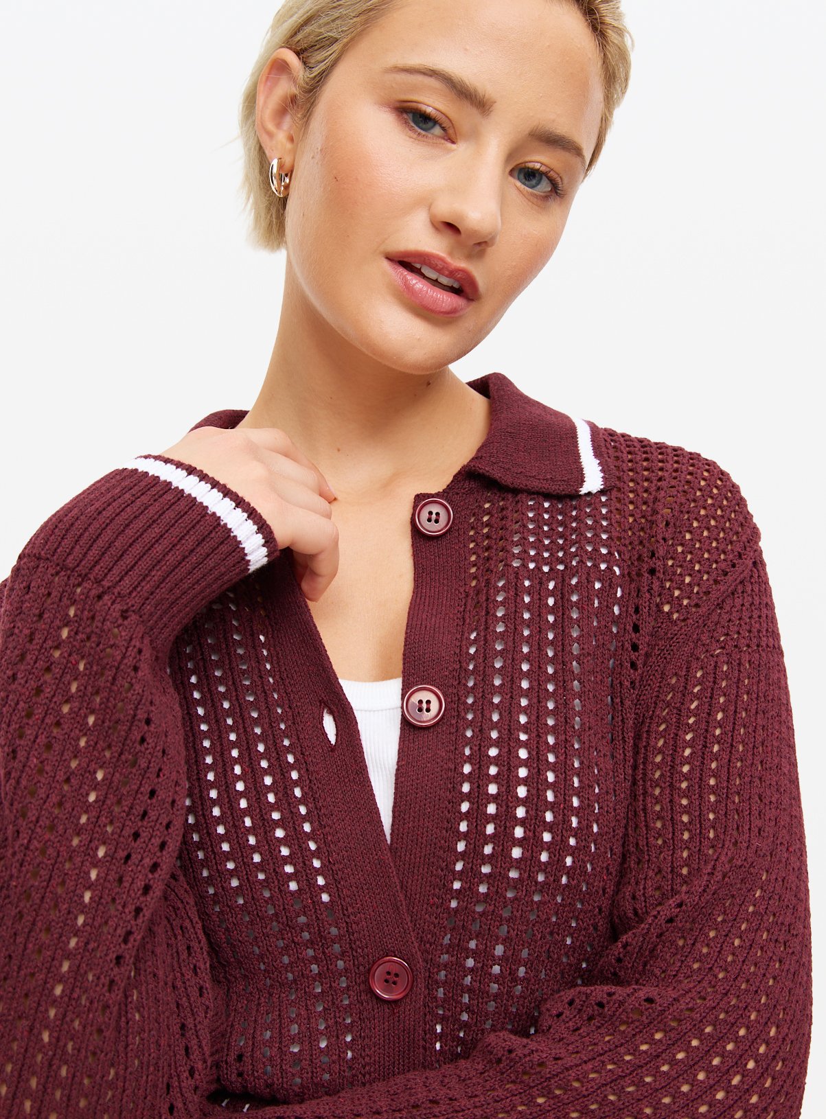 Burgundy Airtex Collared Cardigan 12 - Image 3 thumbnail
